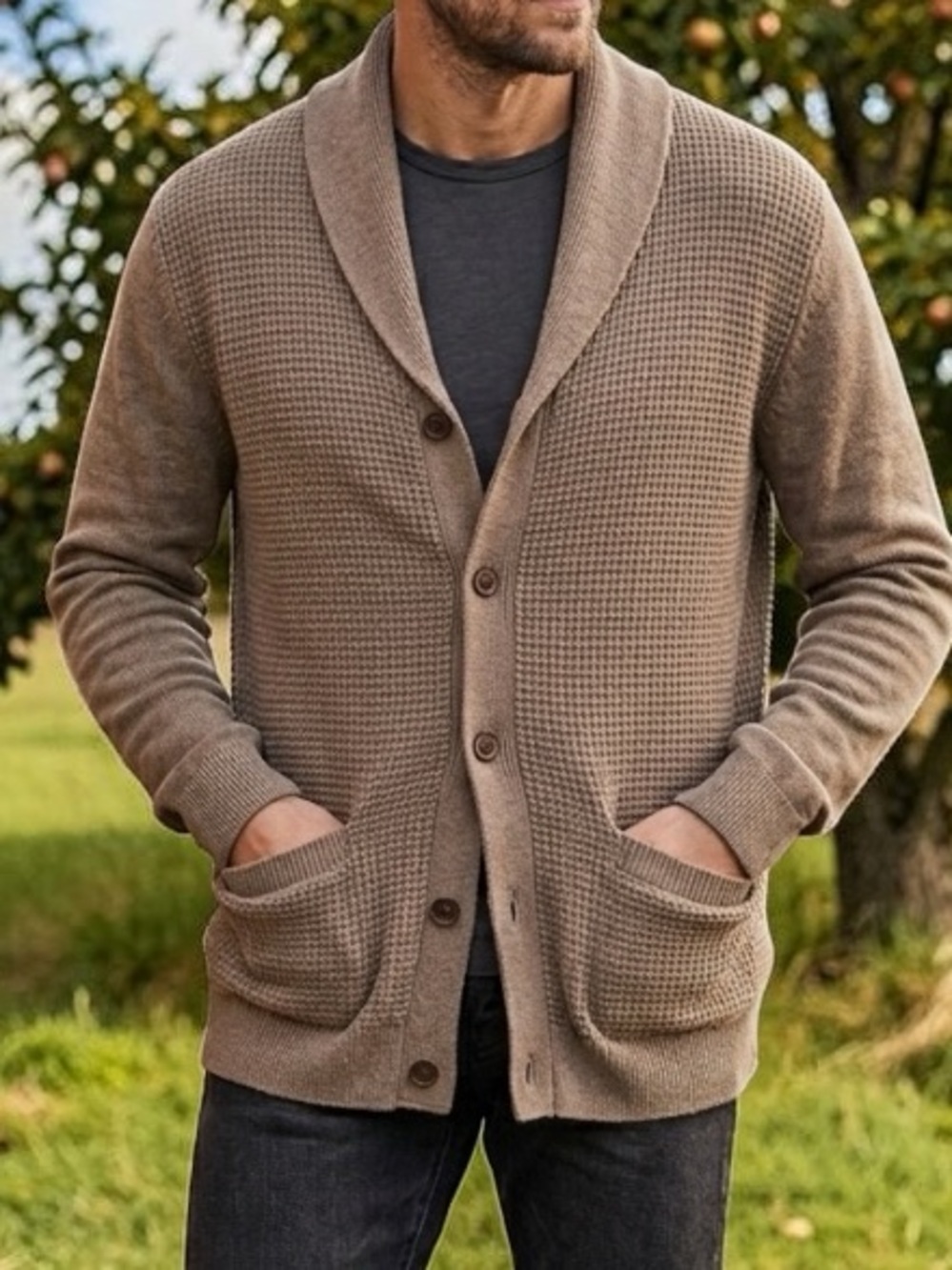 GAP Mens Sz L Chunky Seed Stitch Shawl Collar Heather Brown Cardigan Sweater